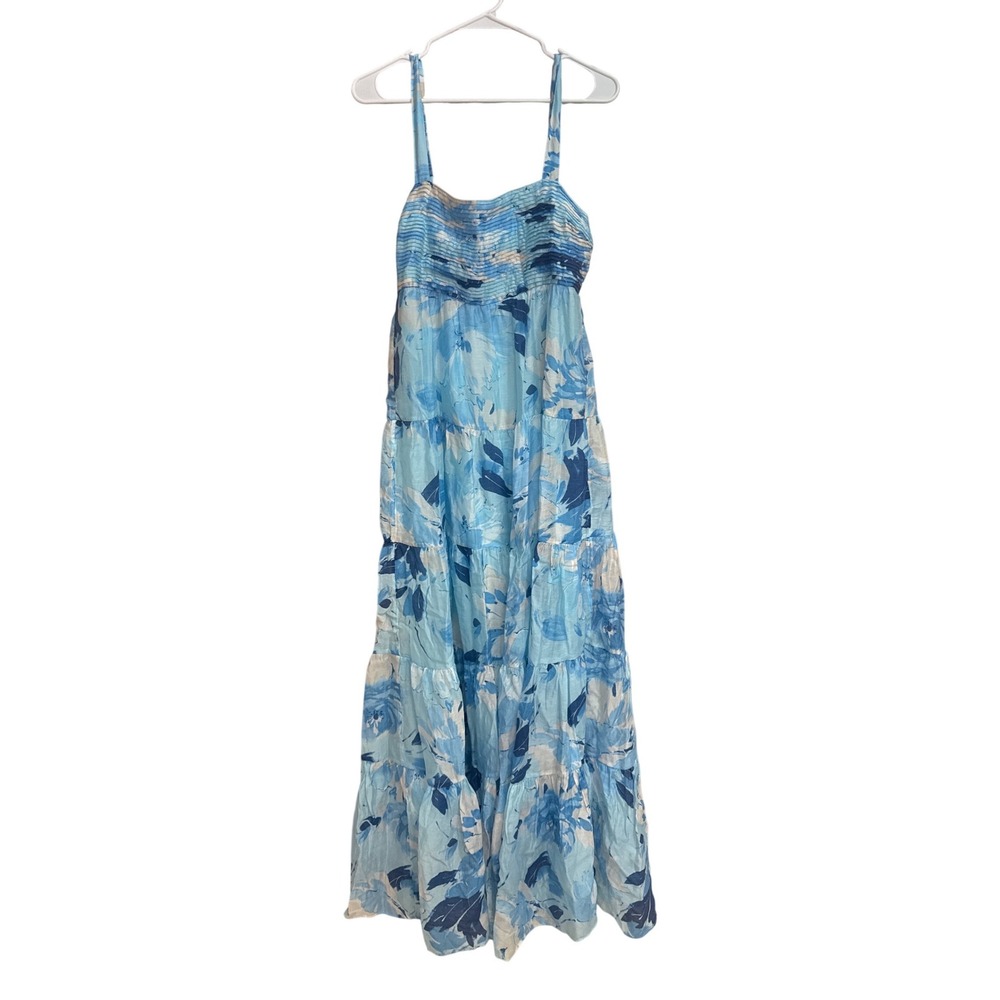 Abercrombie & Fitch Blue Floral Tiered Maxi Dress MT Medium Tall Smocked Boho - Picture 2 of 8